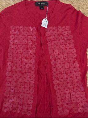 St. John Red poppy appliqué Front Cardigan